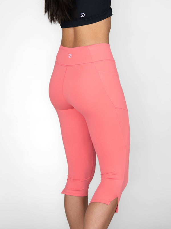 BODY WRAPPERS - Luxe Knee Length Leggings with Side Slits in Coral