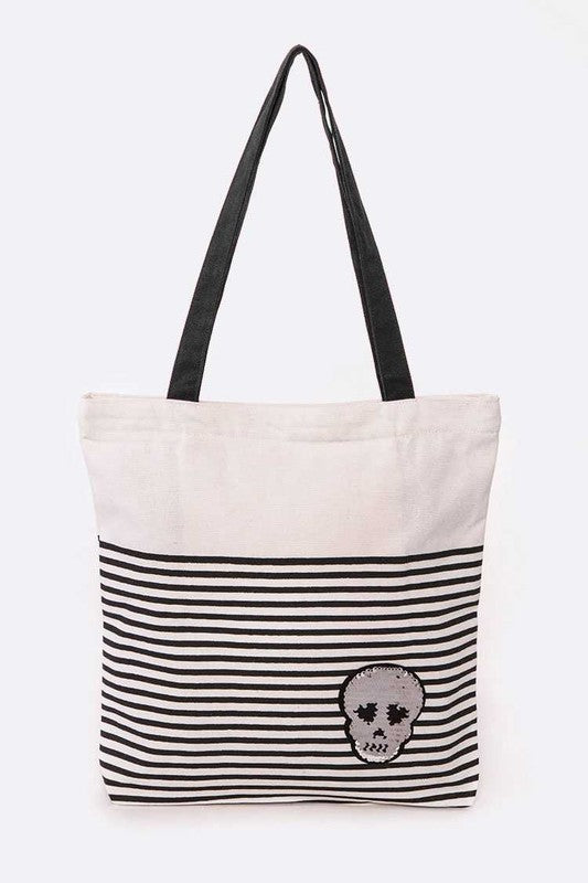 Sequins Skull Patch Fashion Canvas Tote