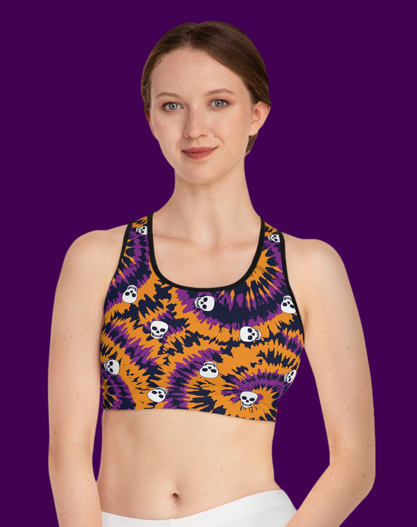 SHE REBEL - Groovy Tie Dye Skulls Sports Bra