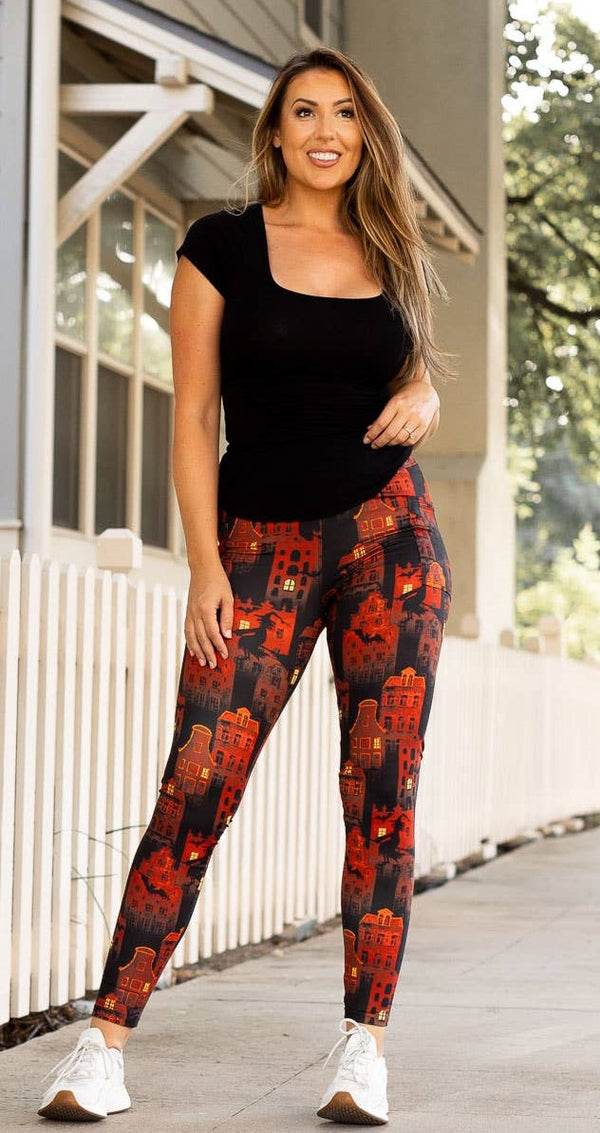 JULIA ROSE - Red Haunted House Halloween Leggings with Pockets