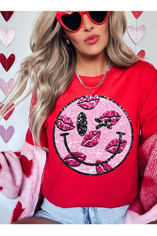 Smiley Face "Faux" Sequin Valentine's Day T-Shirt | Available in 7 Colors