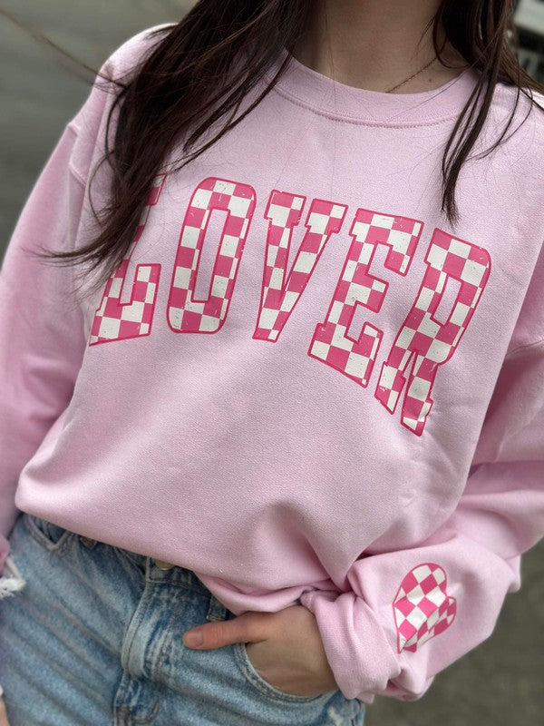 Pink Checkered Lover with Heart Sleeve Sweatshirt | Plus Size
