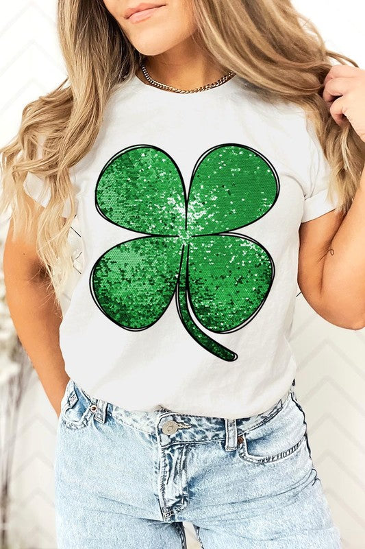 Shamrock St Patricks Day Faux Sequin Graphic Tee | Available in 9 Colors