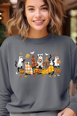 Black Cat Halloween Graphic Fleece Sweatshirt