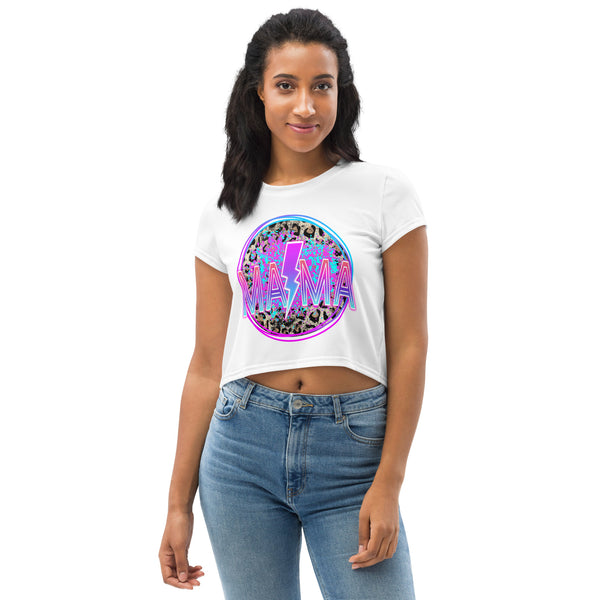 SHE REBEL - Neon MAMA Lightning Bolt Leopard Print Crop Top