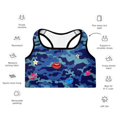 Fierce Blue Camo Print Sports Bra