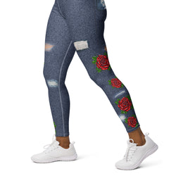 Blue Denim Roses Yoga Leggings