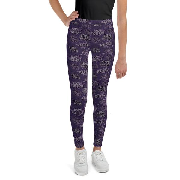SHE REBEL - Purple Body Positivity Youth Leggings (Girls' Sizes 8 - 20)