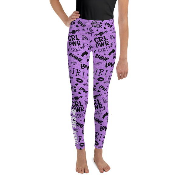 SHE REBEL - Purple Girl Power Youth Leggings with Shadow Leopard Print (Girls' Sizes 8 - 20)