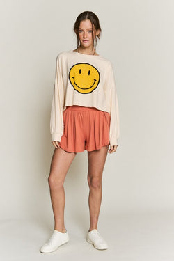 Smiley Face Long Sleeve Crop Top | Available in 4 Colors