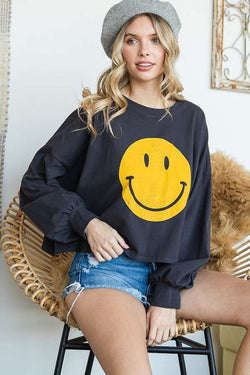 Smiley Face Long Sleeve Crop Top | Available in 4 Colors