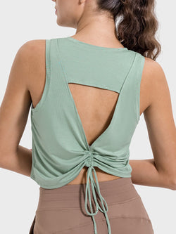 Millennia Drawstring Cutout Round Neck Active Crop Tank