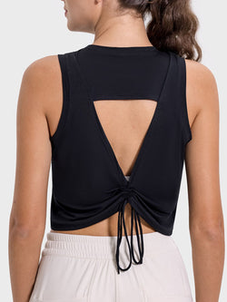 Millennia Drawstring Cutout Round Neck Active Crop Tank