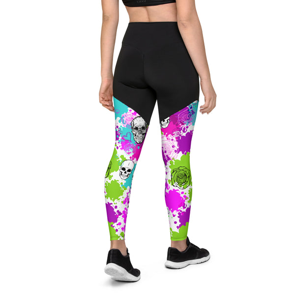 SHE REBEL - Floral Goth Print Sporty Compression Fit Leggings with Pocket