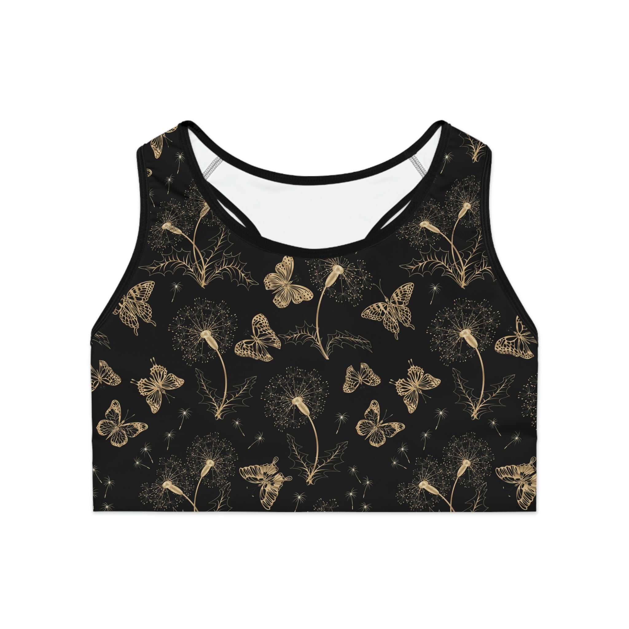 Gold Butterflies & Flowers Sports Bra