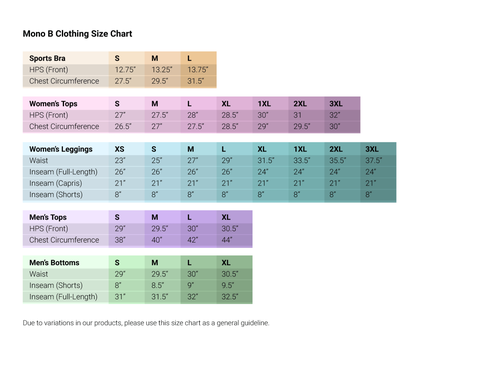 Mono B Size Chart