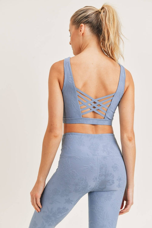 textured cross back blue sports bra