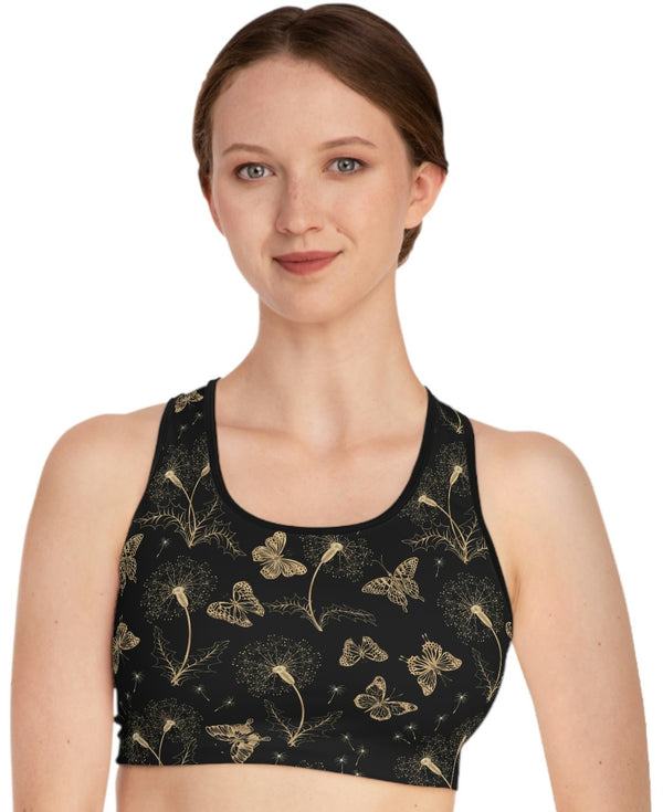 SHE REBEL -Gold Butterflies & Flowers Sports Bra