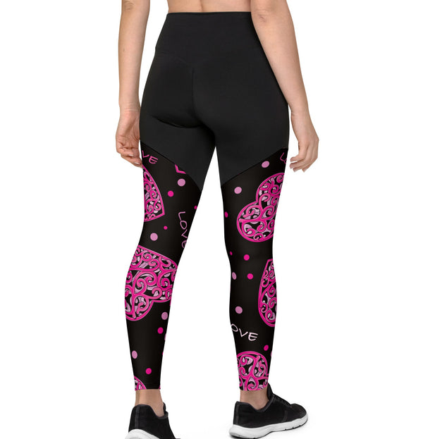 SHE REBEL - Sporty Compression Fit Leggings in Luv Hearts with Pocket