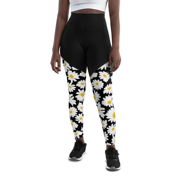 SHE REBEL - Sporty Compression Fit Daisies Leggings with Pocket