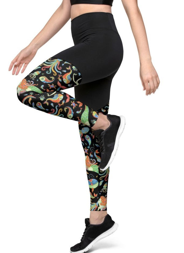 SHE REBEL - Sporty Compression Leggings in Funky Mermaids with Pocket