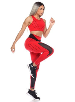 Cut Out Mesh Sports Bra & Leggings Set in Raging Red